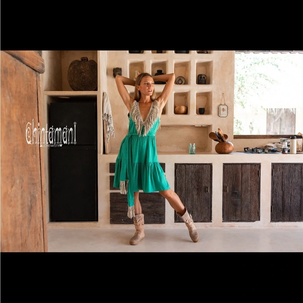 New Fringe Boho Cottagecore Dress Prairie ∆ Eco Organic Goddess Midi / Green L - Picture 3 of 7
